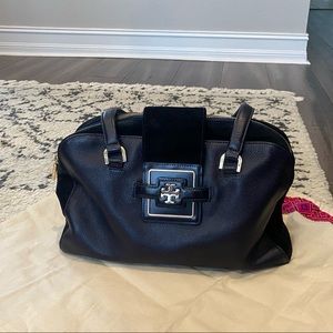 Tory Burch leather and suede combo magnetic-close handbag